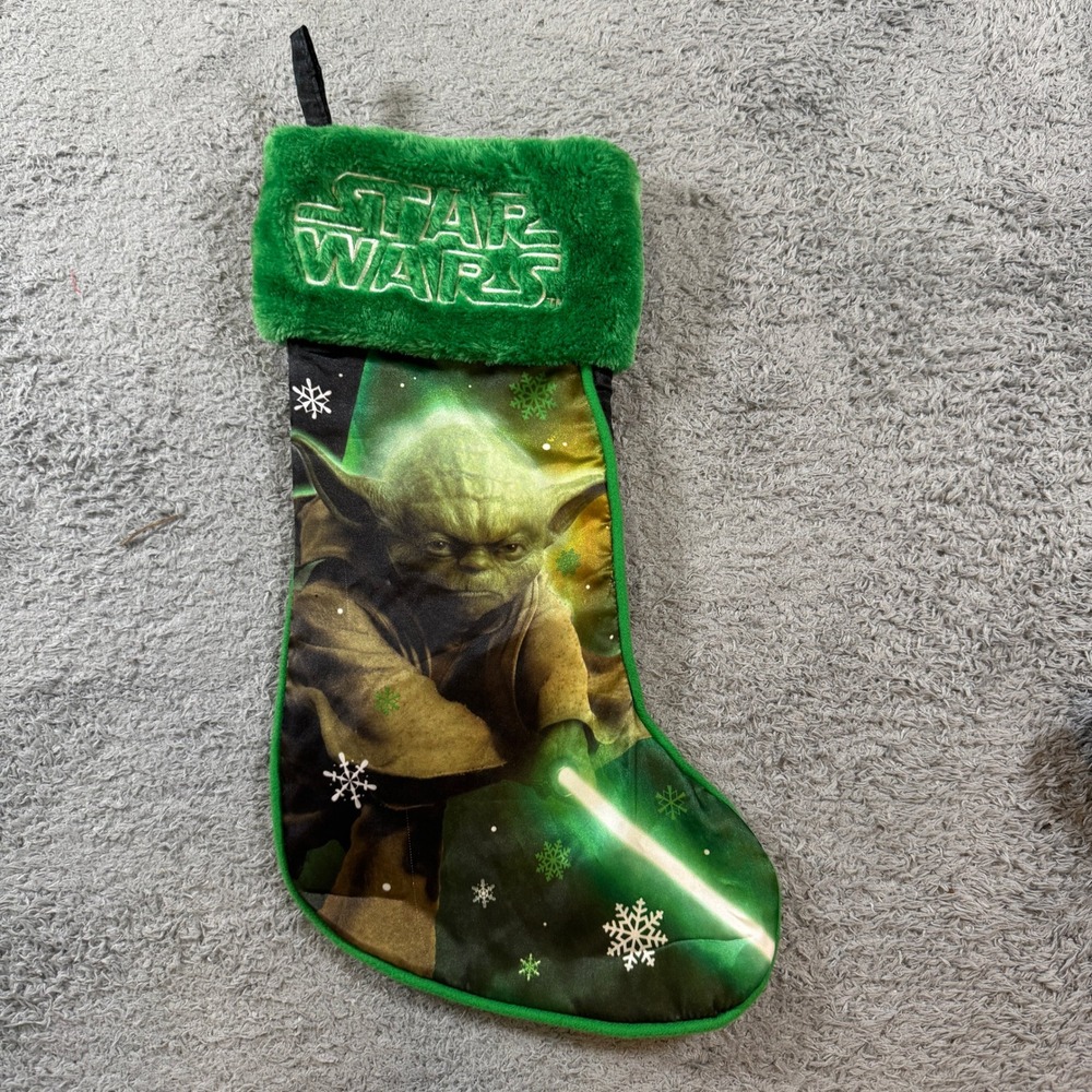 Star Wars Yoda Christmas Stocking OS Green Black Faux Fur Trim Jedi Decor